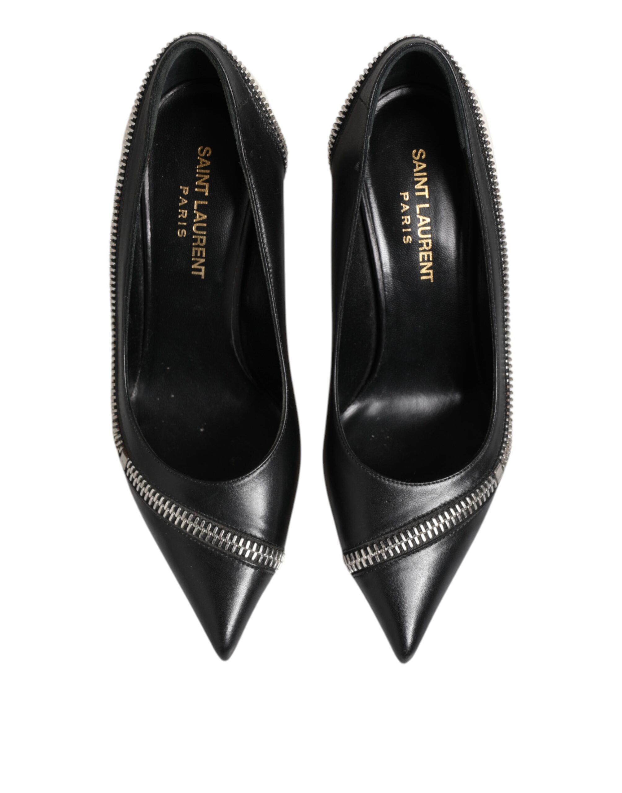 White Black Leather Pointed Toe Heels Shoes