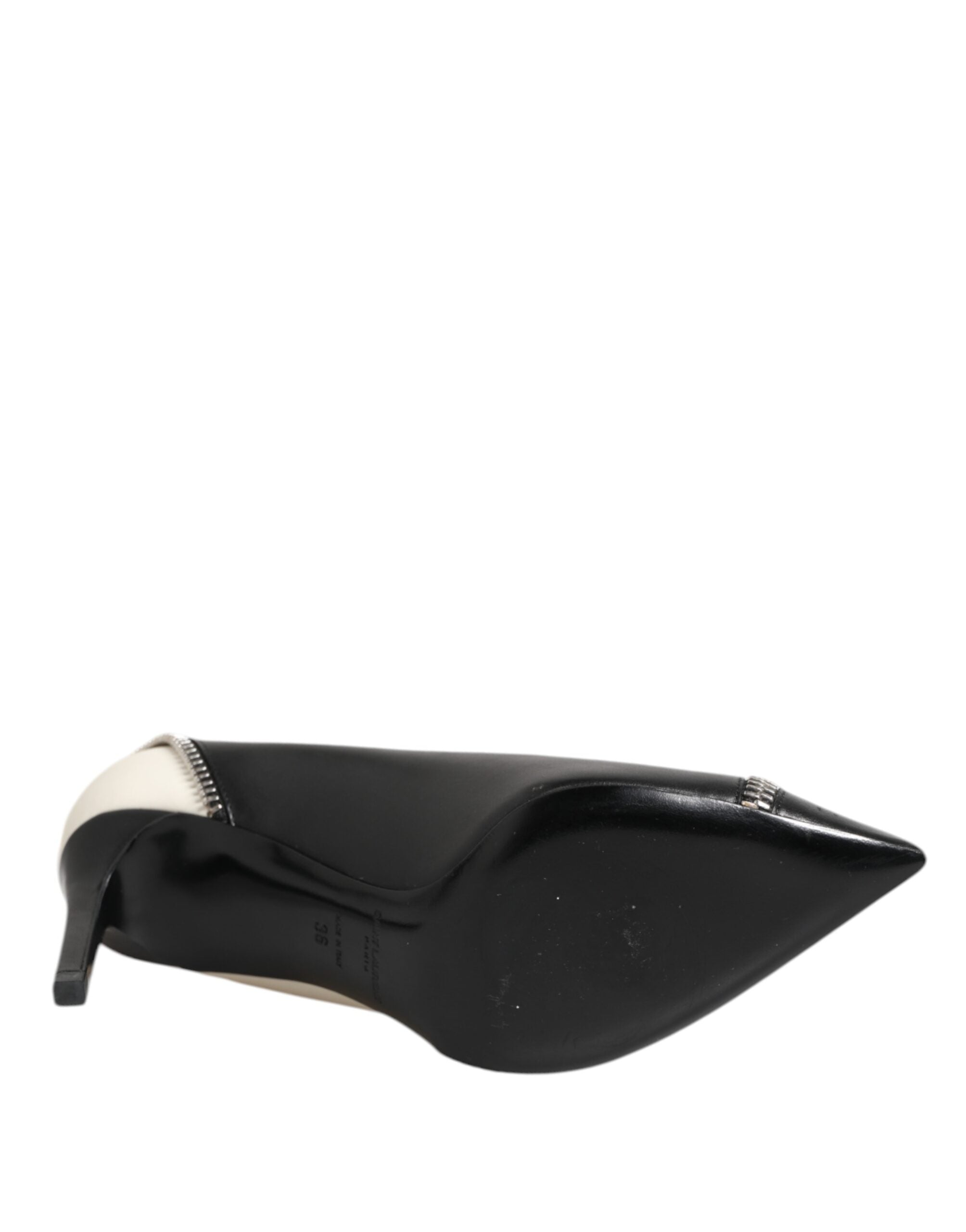 White Black Leather Pointed Toe Heels Shoes